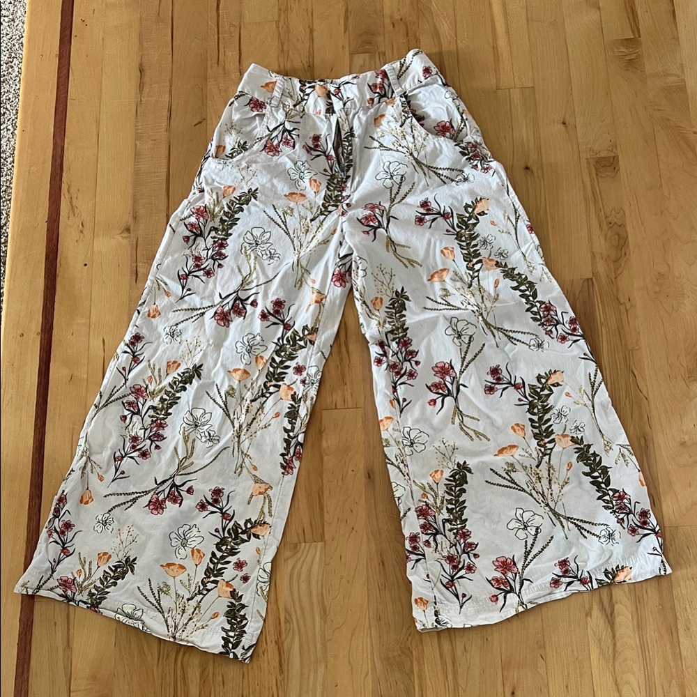 Free People Floral Wide Leg Pants - Cream, Red, Green, Orange